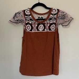 Anthropologie Brown Top with Lace Detail
